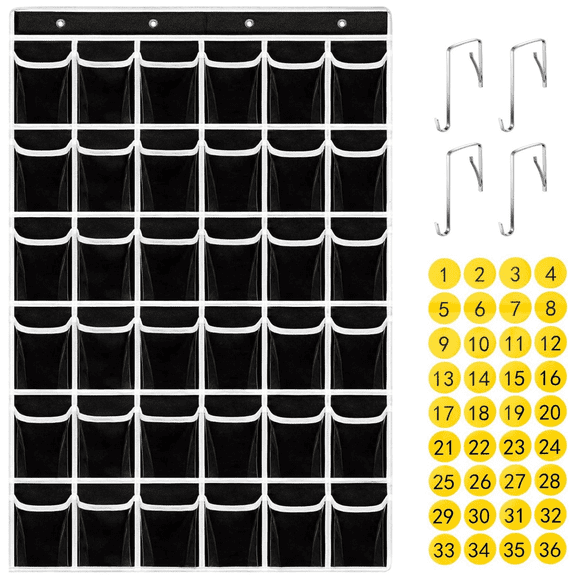 KEEPJOY 36 Pockets Classroom Pocket Chart for Cellphones,Classroom Hanging Cellphones Calculator Organizer with Number Sticker and Hooks( Black )