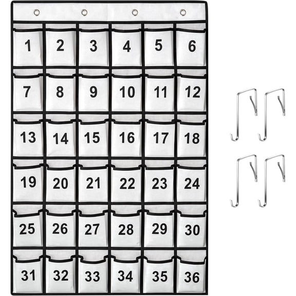 KEEPJOY 36 Pockets Numbered Classroom Pocket Chart for Cell Phones, Hanging Pocket Chart Storage for Classroom Phone Calculator Holder with 4 Stainless Steel Hooks (White-36pockets)