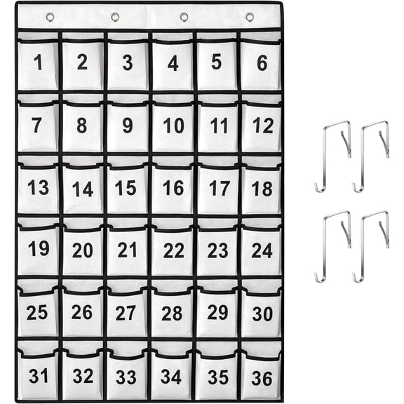 KEEPJOY 36 Pockets Numbered Classroom Pocket Chart for Cell Phones, Hanging Pocket Chart Storage for Classroom Phone Calculator Holder with 4 Stainless Steel Hooks (White-36pockets)
