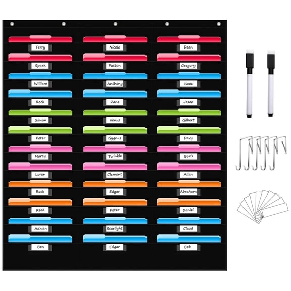 KEEPJOY 36 Pockets Over the Door File Organizer with 36 Nametag Slots, Classroom & Office Hanging File Folders for Assignments, Papers and Scrapbooks,Black