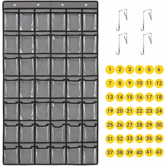KEEPJOY 42‑Pocket Classroom Cell Phone Pocket Chart, Clear Door Hanging Calculator Storage Organizer with Number Stickers & Hooks,Student Phone Holder for Classroom Office(Grey)