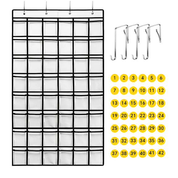 KEEPJOY 42‑Pocket Classroom Cell Phone Pocket Chart with Number Stickers & Hooks,Student Phone Holder for Classroom Office,White