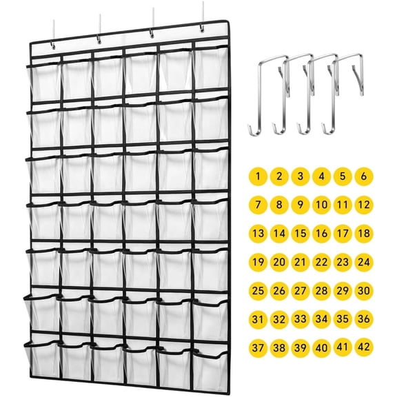 KEEPJOY 42Pocket Classroom Cell Phone Pocket Chart, Clear Door Hanging Calculator Storage Organizer with Number Stickers & Hooks,Student Phone Holder for Classroom Office(White)