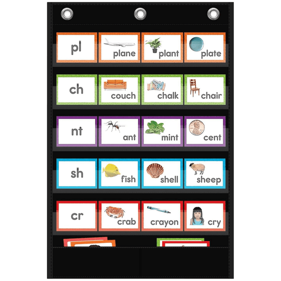 KEEPJOY Standard Pocket Chart for Classroom - 5+1 Black Pocket Chart for Alphabet Learning Word Wall Calendar Daily Schedule Sentence Strips Sticker Display, Teacher Supplies for Home