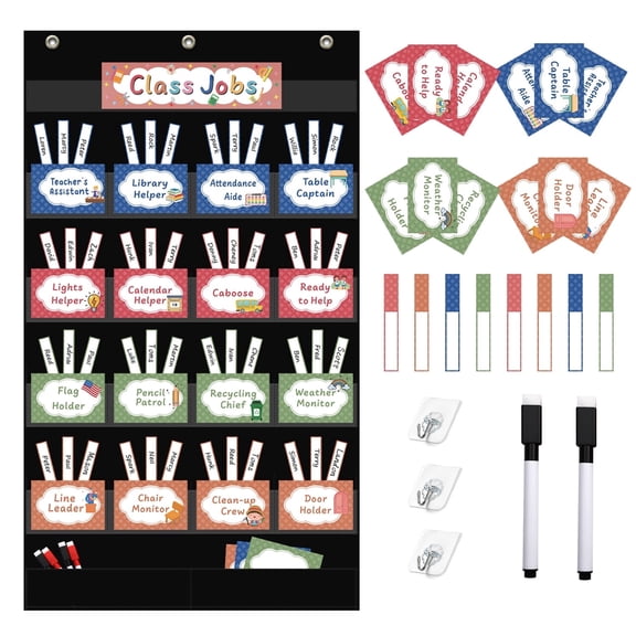 KEEPJOY BOHO Class Jobs Pocket Chart with 17 Pockets and 2 Storage Bags,Class Management Educational Pocket Chart Teacher's Helper Size: 32.6" L x 19.6 H" inch Bulletin Board for Classroom (Black)