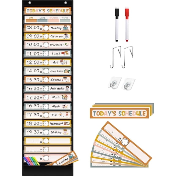 KEEPJOY Boho 18+1 Pockets Daily Schedule Pocket Chart, 30 pcs Double-Sided Reusable Cards, Scheduling Pocket Chart for Classroom Office Home Preschool Activity(Black)