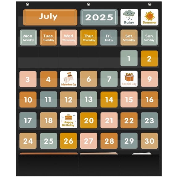 KEEPJOY Boho 46+3 Pockets Calendar Pocket Chart with 92 Cards for Classroom,Large Size: 28.75 x 24 inch Black Monthly Calendar and Weather Pocket Chart for Students Learning for Home or School