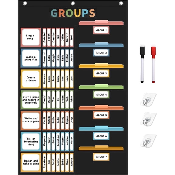 KEEPJOY Boho Small Group Management Pocket Chart with 114 Cards, Large Size 46 x 26.3 inch Classroom Small Group Organizer for School Teacher Elementary Preschool Learning Supplies (Black)