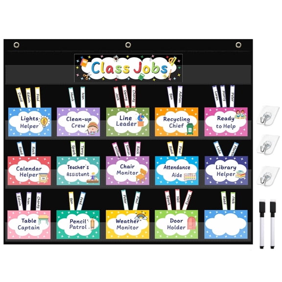 KEEPJOY Class Jobs Pocket Chart with 70 Pcs Colorful Cards and 3 Hooks, Black Class Management Educational Pocket Chart Teacher's Helper Bulletin Board for Classroom