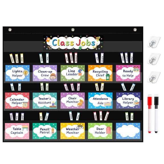 KEEPJOY Class Jobs Pocket Chart with 70 Pcs Colorful Cards and 3 Hooks, Black Class Management Educational Pocket Chart Teacher's Helper Bulletin Board for Classroom