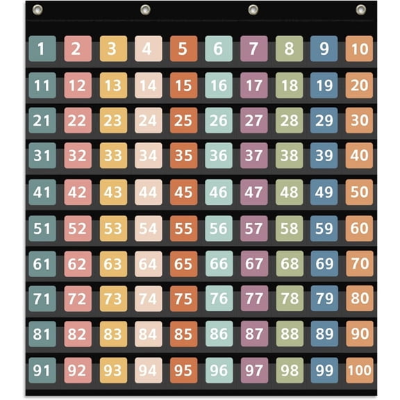 KEEPJOY Hundred Pocket Chart with 100 Pockets and 150 Pieces Boho Double-Sided Number Cards,Number 1-100 Pocket Chart for Students Classroom Home Counting and Organizer (Black-100 Pockets)