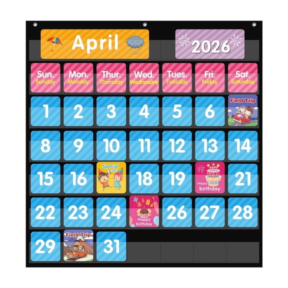 KEEPJOY 44 Calendar Pocket Chart for Classroom with 85 Cards, Monthly Calendar and Weather Chart for Students Learning,Home & Classroom Use,Black