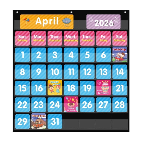 KEEPJOY 44 Calendar Pocket Chart for Classroom with 85 Cards, Monthly Calendar and Weather Chart for Students Learning,Home & Classroom Use,Black