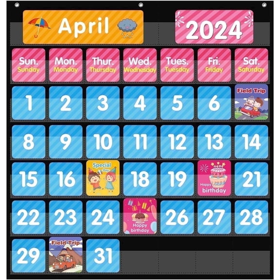 KEEPJOY 44-Pocket 25x24 Black Calendar Chart with 85 Cards - Monthly/Weather Learning Organizer for Classroom, Home & Kindergarten