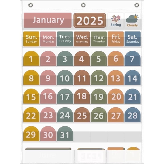 KEEPJOY Large White Calendar Pocket Chart with Boho 96 Cards for Classroom, Size:32.25 x 24.13 inch Monthly Calendar and Weather Pocket Chart for Students Learning for Home or School(White)