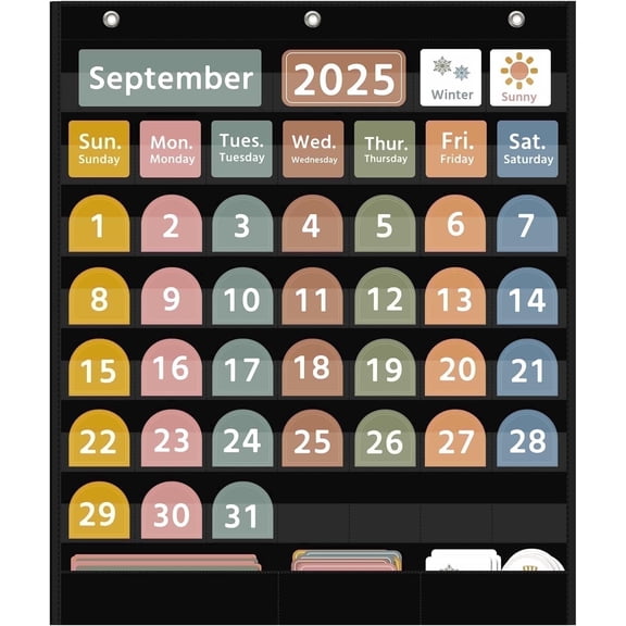 KEEPJOY Large Boho Calendar Pocket Chart with 96 Cards for Classroom, Size:32.25 x 24.125 inch Black Monthly Calendar and Weather Pocket Chart for Student Learning for Home or School