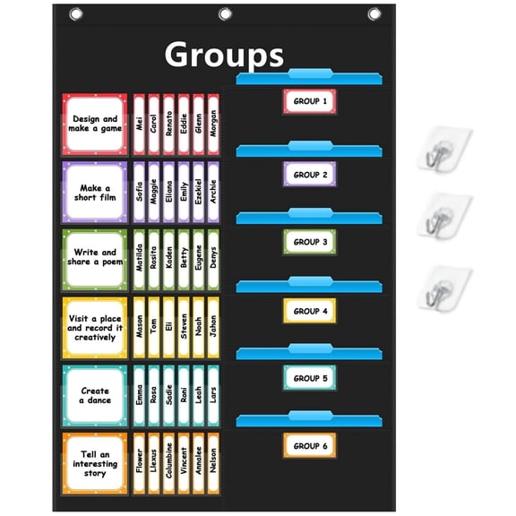 KEEPJOY Small Group Management Pocket Chart with 96 Cards Classroom Jobs Chart Small Group Organizer for School Teacher Elementary Preschool Learning Supplies (Black)