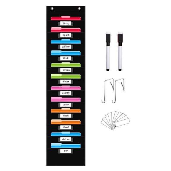 KEEPJOY Storage Pocket Chart with 12 Name Tag Pockets,Hanging Wall File Organizer for File Folders with 2 Dry Erase Black Markers, Organize Your Assignments, Files, Scrapbooks, Paper (Black)
