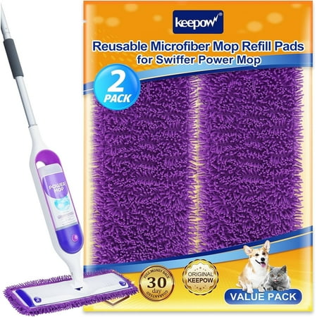 KEEPOW 2 Pack Reusable Power Mop Refill Pads Compatible with SwifferPowerMop, Microfiber Power Mop Refills, Power Mop Pads for Hardwood Floor Cleaning(Mop is Not Included)
