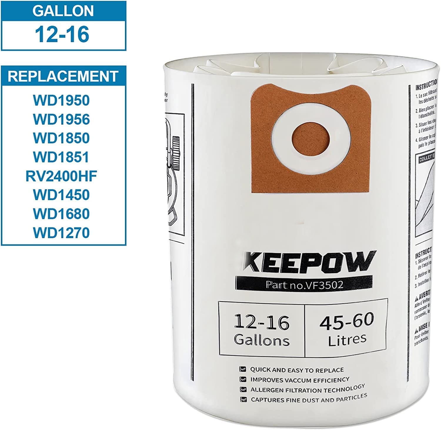 KEEPOW 3 Packs VF3502 Shop Vac Bags Compatible with Ridgid Vacuum 1216 Gallon Bags, 23743