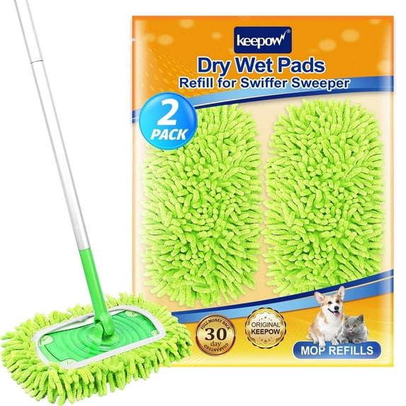 KEEPOW Reusable Dry Sweeping Cloths Compatible with SwifferSweeper, Wet Mopping Cloths Washable Microfiber Mop Pads Refills for Hard-Surface/Hardwood Floor Cleaning, 2 Pack (Mop is Not Included)