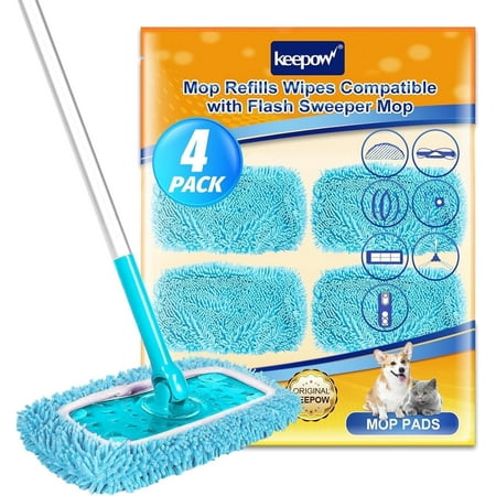 KEEPOW Reusable Dry Sweeping Cloths Microfiber Wet Mop Pads Compatible with Sweeper Mop Replacement Sweeping Mopping pad Refills for Hardwood Surface Floor Cleaning (4 Pack)