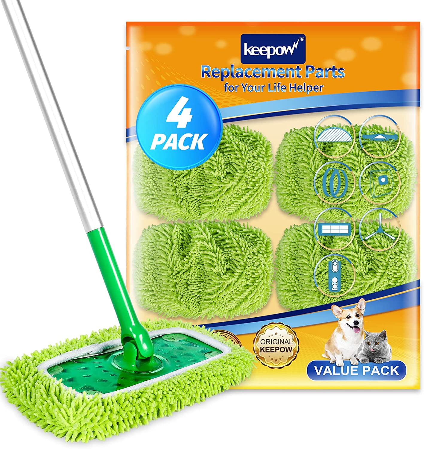 KEEPOW 4 Pack Reusable Microfiber Mop Pads for Swiffer Sweeper, Dry/Wet