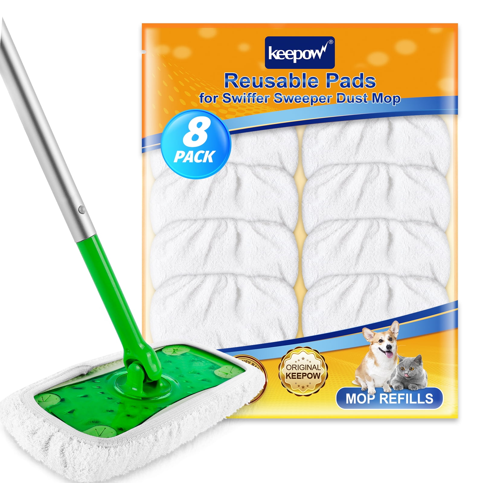 KEEPOW Reusable Mop Pads Compatible with Swiffer Sweeper Mop, Washable Mop  Refills for Wet and Dry Use, 8 Pack, White