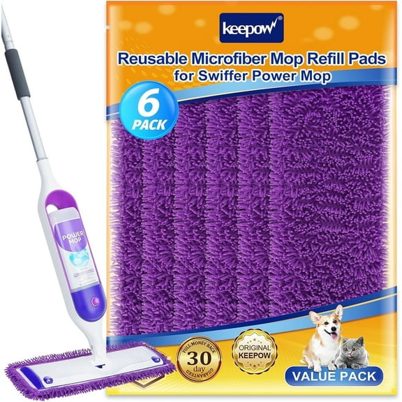 KEEPOW Reusable Power Mop Refill Pads Compatible with SwifferPowerMop, Microfiber Power Mop Refills, Power Mop Pads for Hardwood Floor Cleaning, 6 Pack (Mop is Not Included)