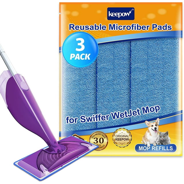 KEEPOW 3 Pack Reusable Wet Jet Pads, Microfiber Mop Refills for Swiffer