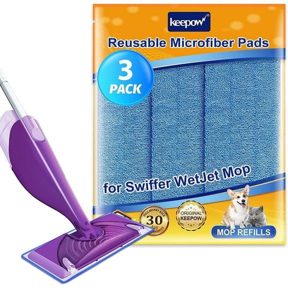 KEEPOW Reusable Wet Jet Pads Microfiber Refill Pads Compatible with SwifferWet Jet Mop 10" to 12" (3 Pack)