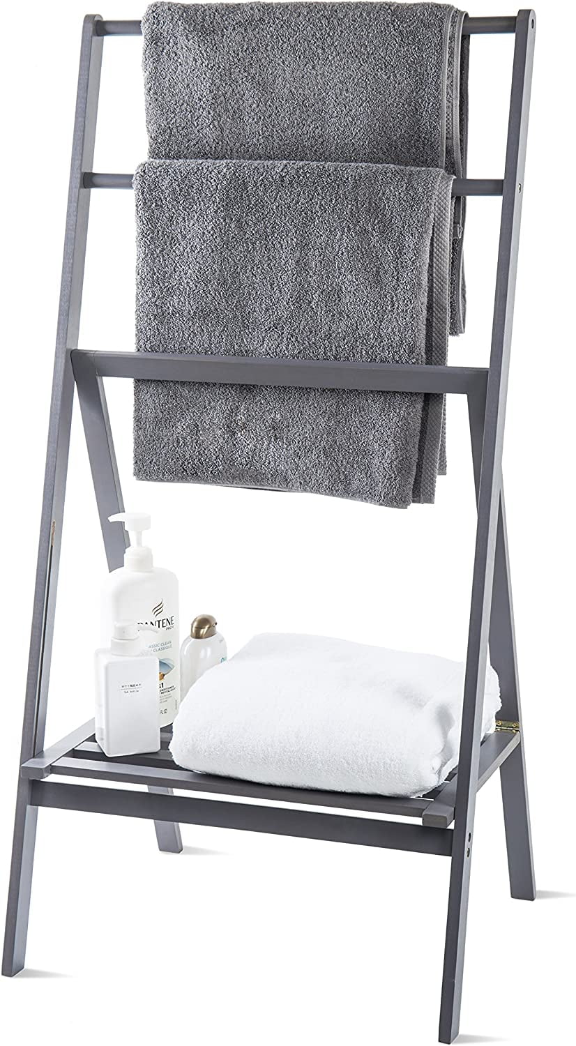 KEERDAO 43 Inch Rustic Dark Gray Solid Bamboo Freestanding Towel Rack