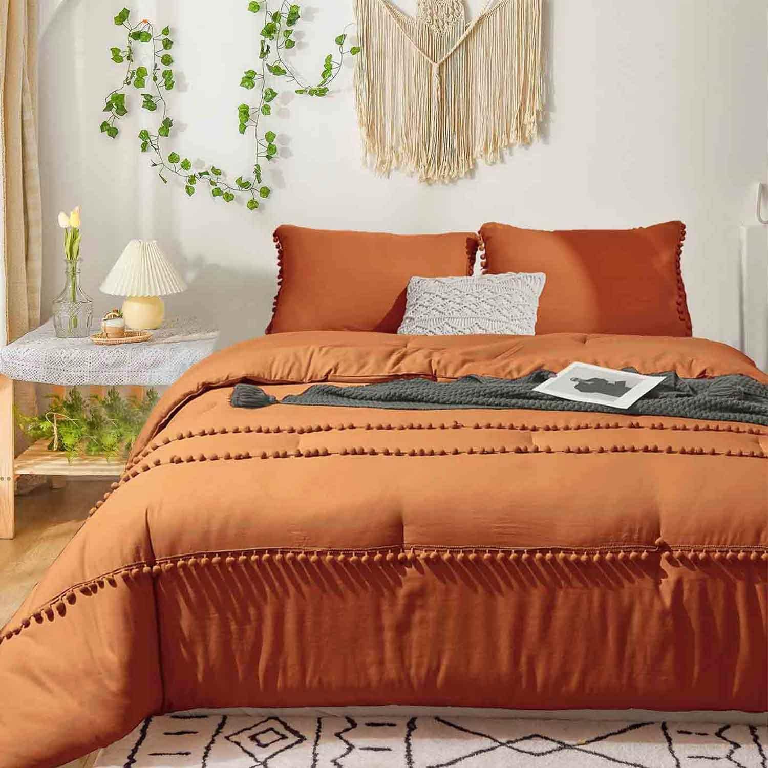 KEERDAO Burnt Orange King Size Comforter, 3pc Boho Chic Terracotta Pom