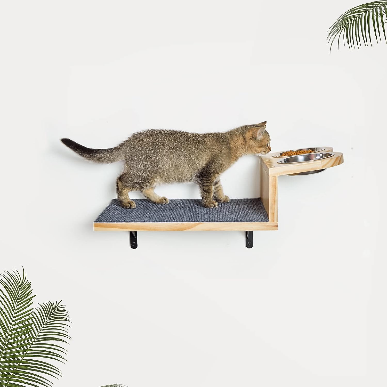 KEERDAO Cat Wall Shelf, Wooden Cat Feeding Shelf with 2 Raised Bowls