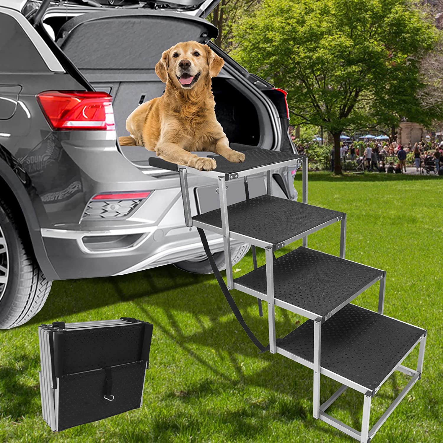KEERDAO Foldable Aluminum Dog Car Stairs for Large Dogs, Portable Pet Ramp with NonSlip Surface