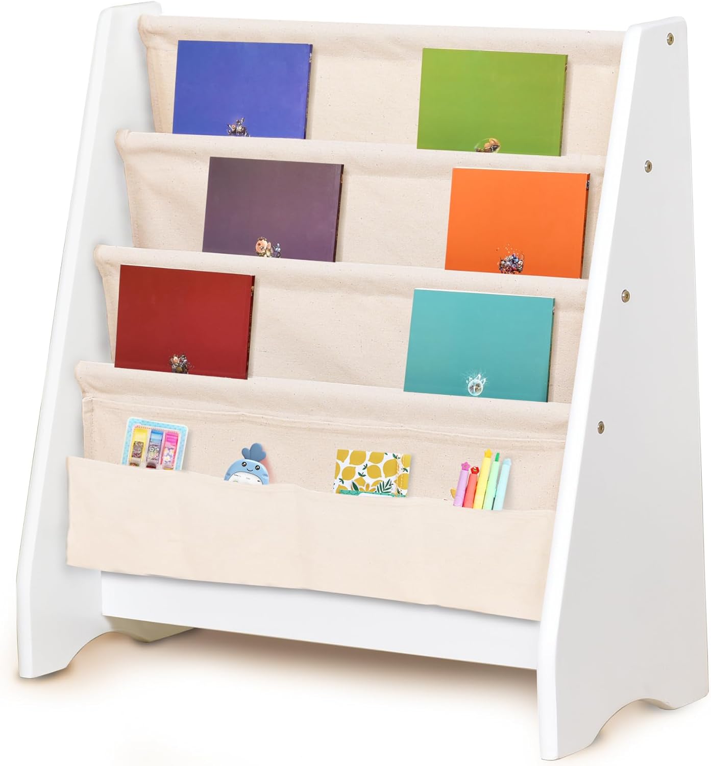 KEERDAO Kids Sling Bookshelf for Toddler Boys and Girls White Book Rack
