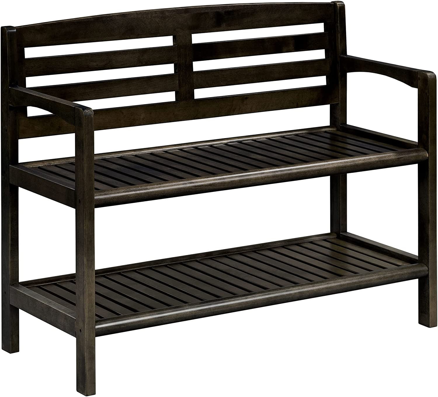 Abingdon Espresso Solid Birch Wood Large Bench with Back and Storage Shelf