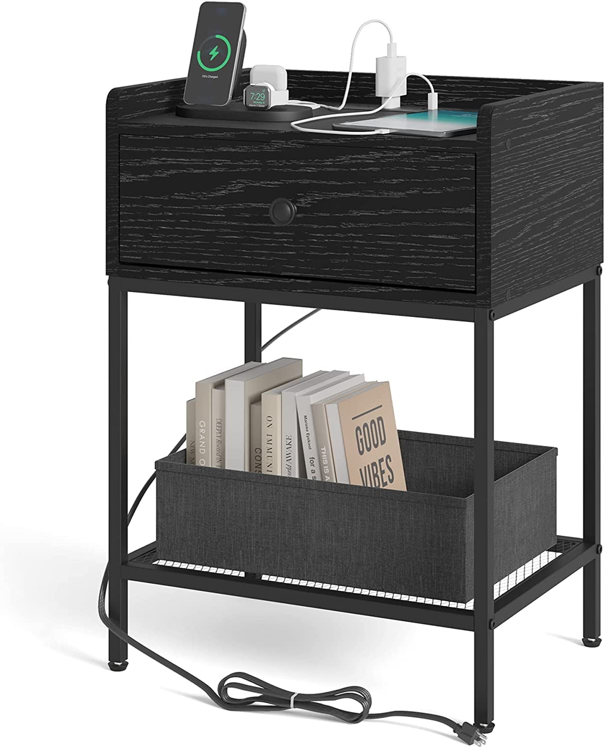 KEERDAO Nightstand with Charging Station and USB Ports, Side End Table