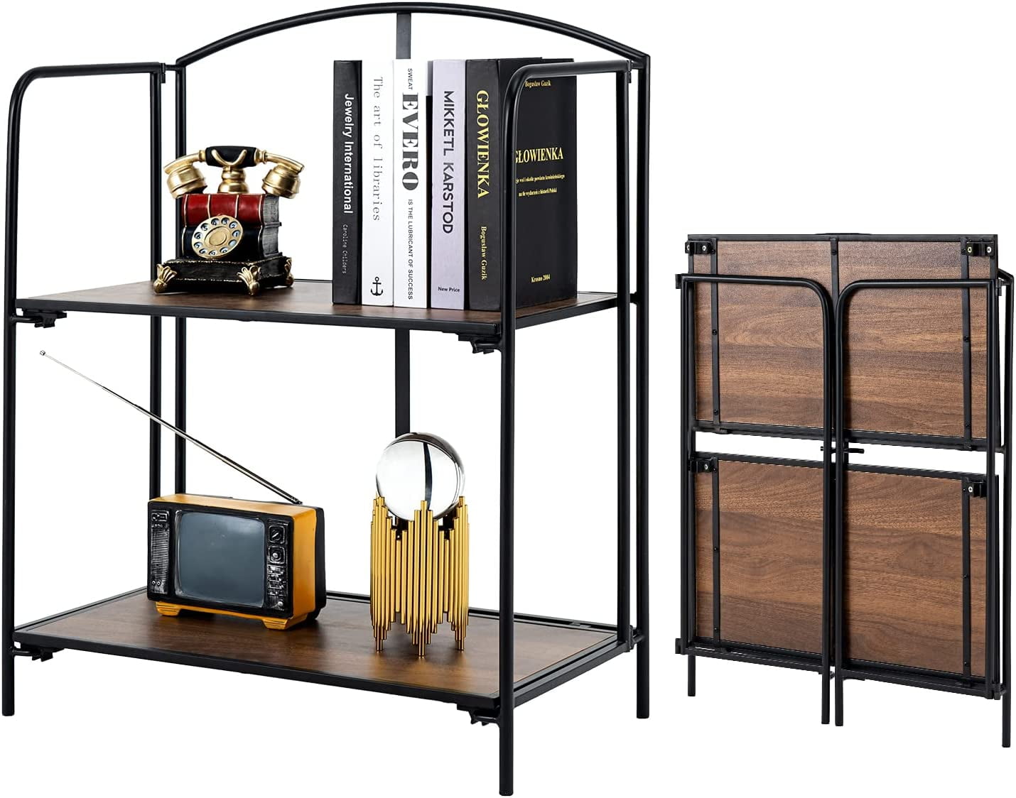 KEERDAO No Assembly Folding Bookshelf, 2 Tier Black Bookshelf, Metal