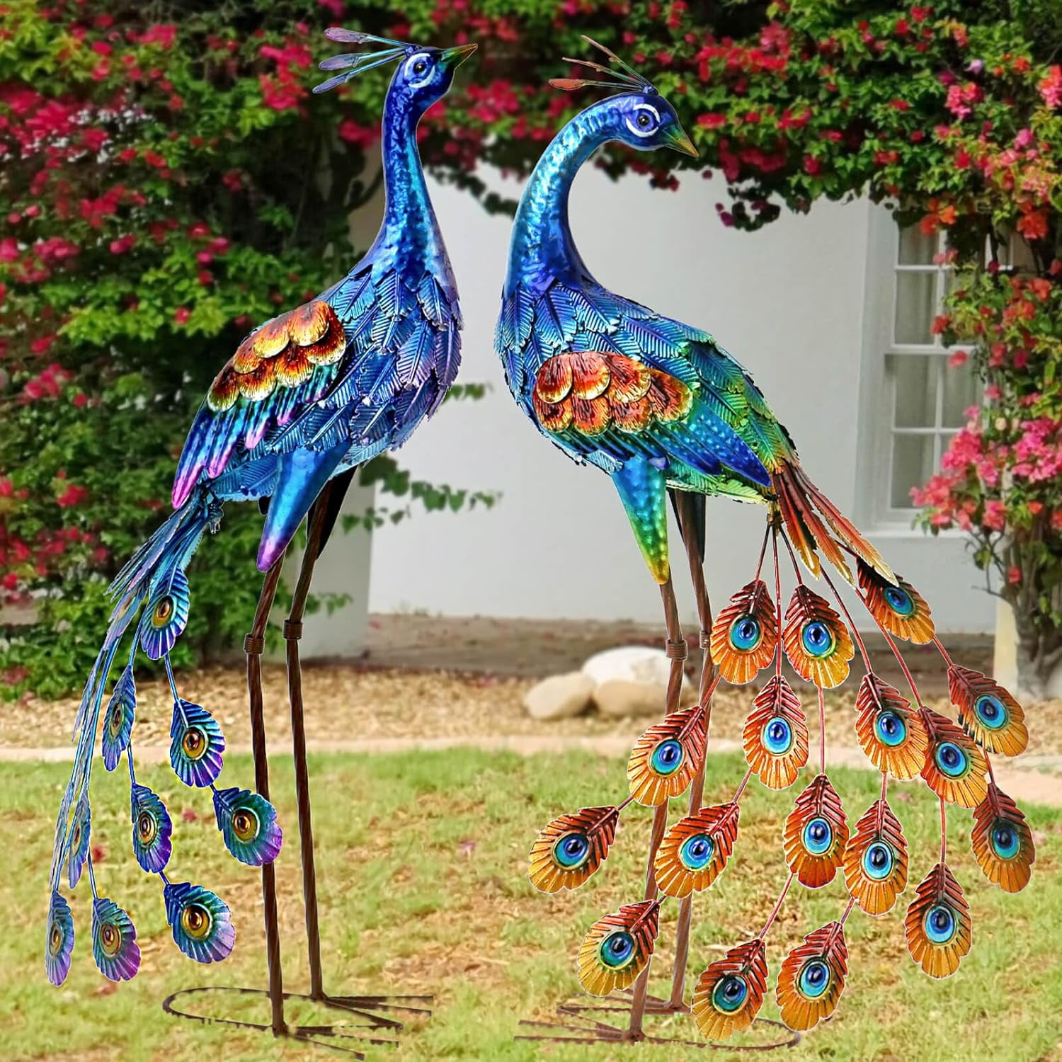 KEERDAO Peacock Decor Garden Statue and Sculpture, Metal Peacock Yard