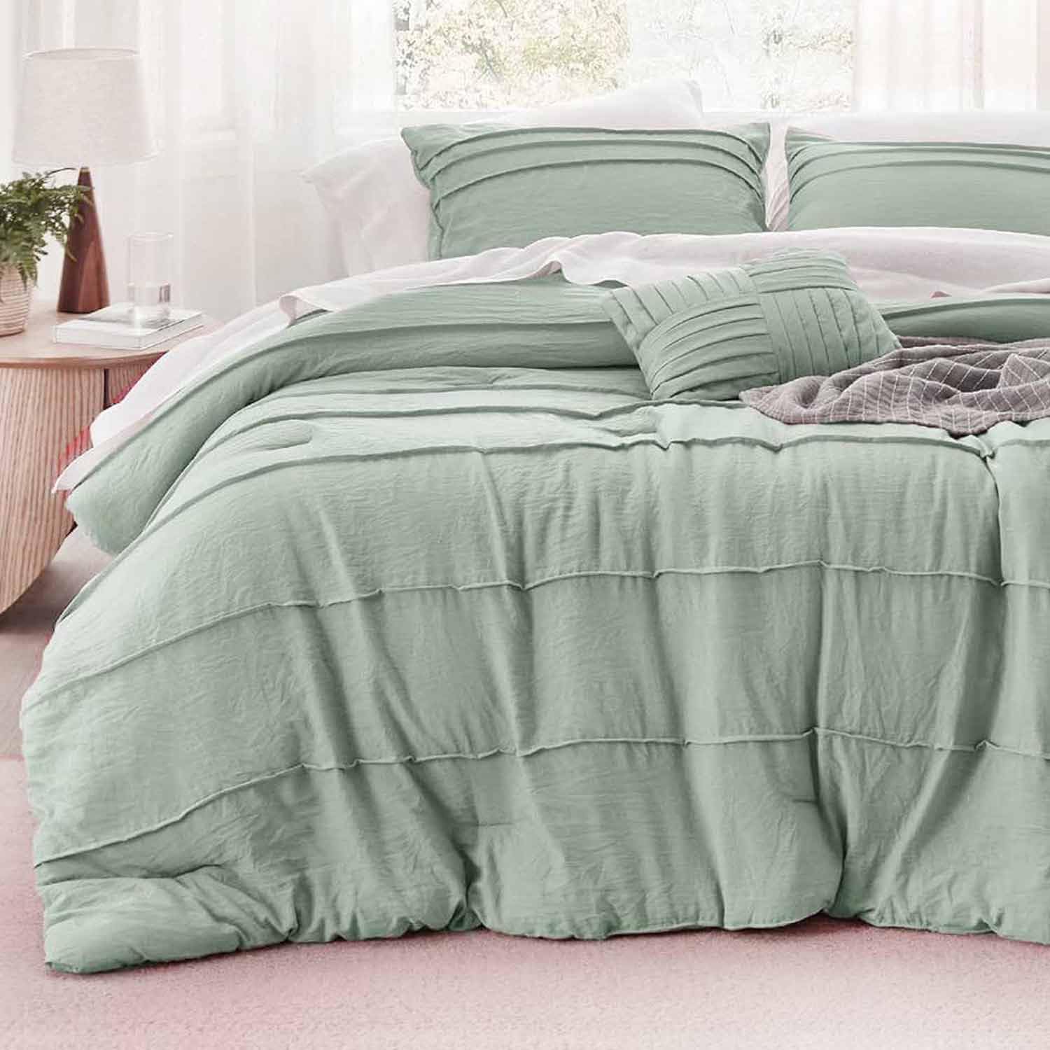 KEERDAO Sage Green Queen Size Comforter Set, Boho Pleated Striped