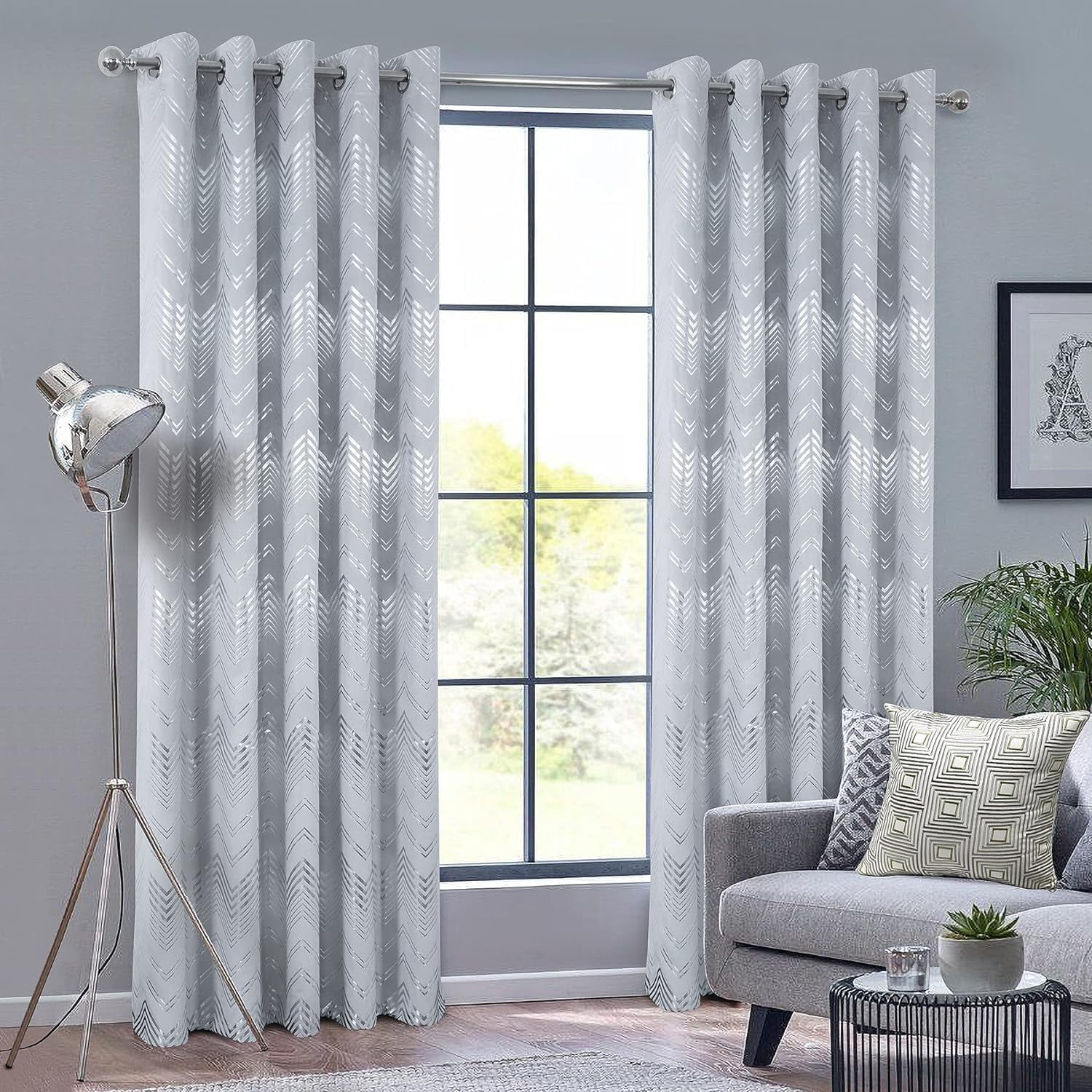 KEERDAO Soft Velvet Foil Print Curtains 84 Inches Long Silver and Gold