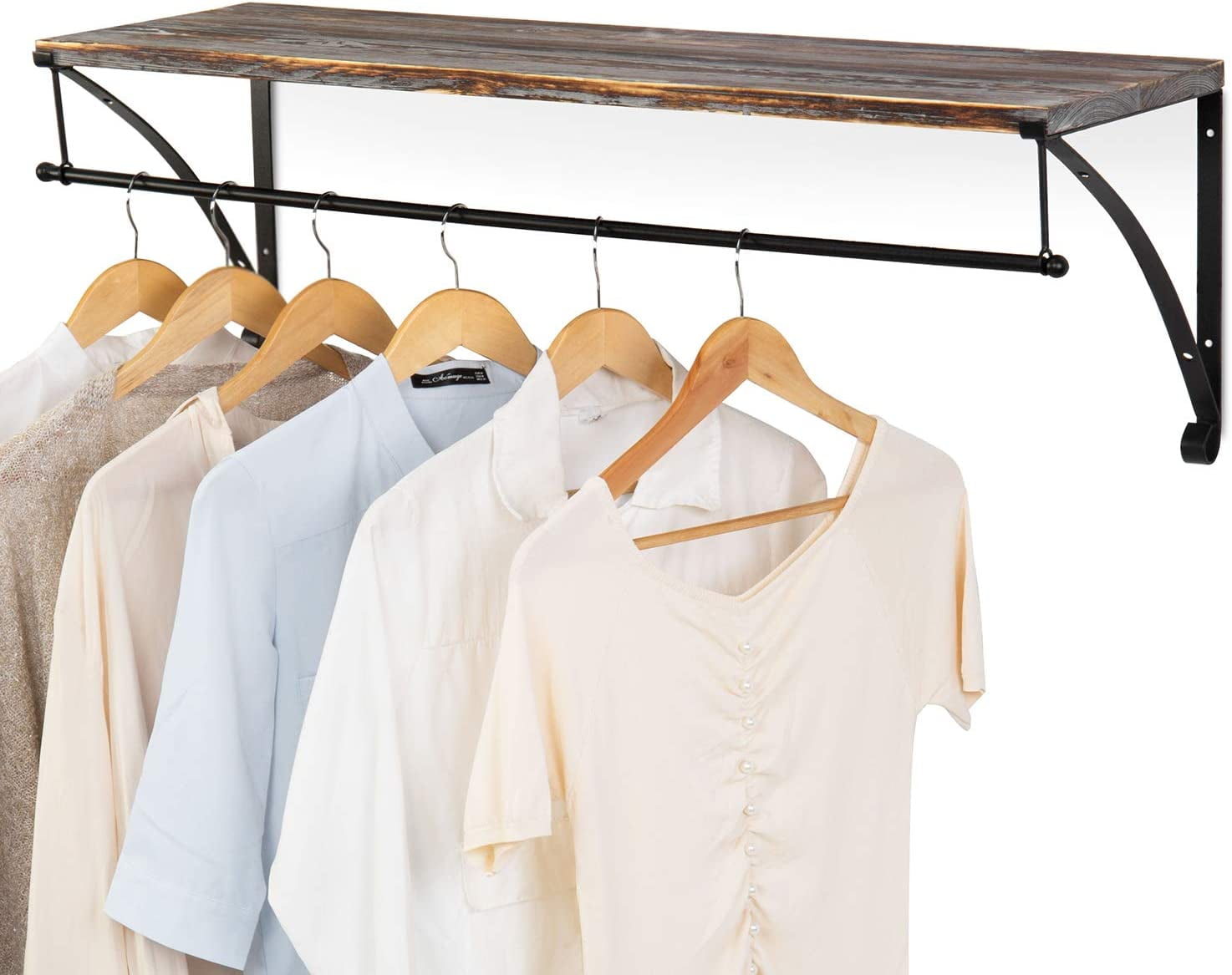 KEERDAO Torched Wood Floating Shelf and Clothes Rod with Black Metal