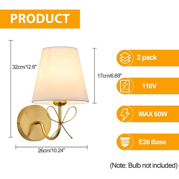 KEESFU 2-Pack Gold Bow Wall Sconce, E26 Hardwired Fabric Shade Light