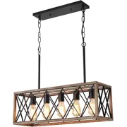 KEESFU Farmhouse 5-Light Adjustable Height Rectangular Pendant Light with Metal Woodgrain Finish