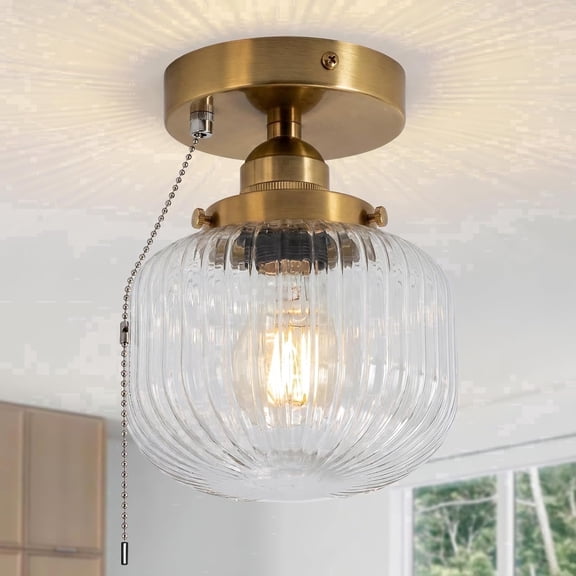 KEESFU Gold Bronze Semi Flush Mount Ceiling Light with Pull Chain for Indoor Bedroom Hallway