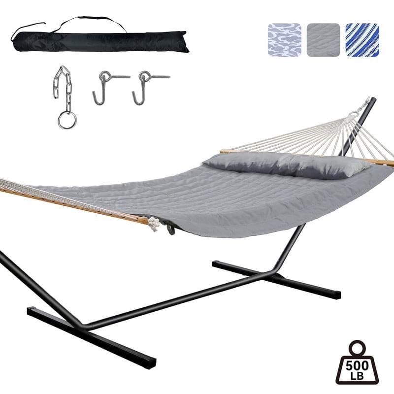 MIHOVER Heavy Duty Double Hammock with Stand - 500 lbs Capacity, Easy Setup & Detachable Pillow  - Gray