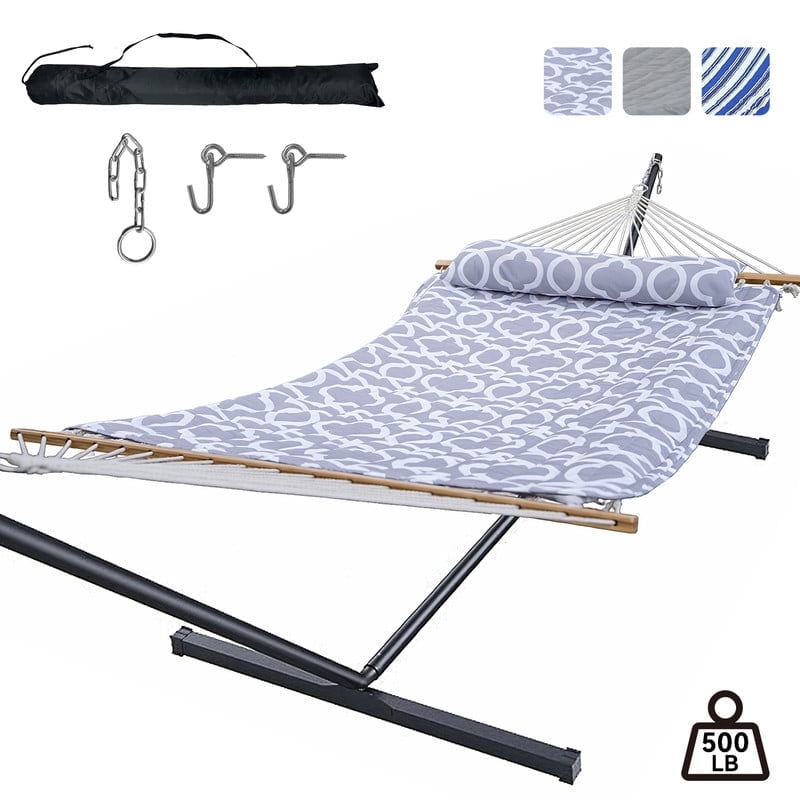 KEESTP 2-Person Cotton Rope Double Hammock with Stand, Removable Polyester Pad, 500LBS Capacity