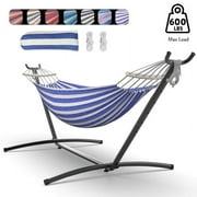 KEESTP Brazilian Hammock with Adjustable Stand- Stylish Hammock Bed w/Storage Bag, 600lb Capacity - Blue White