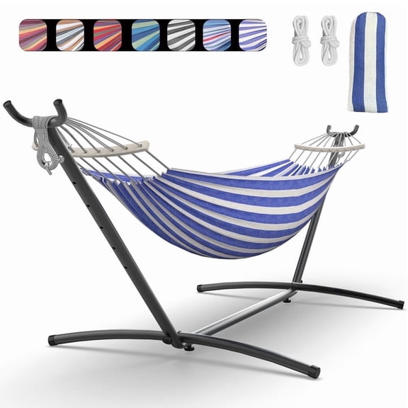KEESTP Comfortable 2 Person Hammock with Stand,Portable Detachable Brazilian Hammock,450lb Capacity - Bluewhite